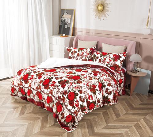 Lenjerie pat cocolino 2 persoane, 4 piese - flori rosii