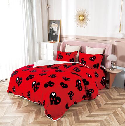 Lenjerie pat cocolino 2 persoane, 4 piese - rosie cu inimi negre