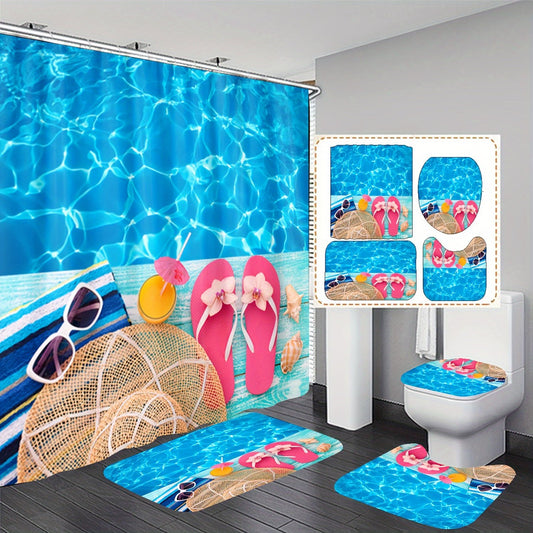 Set Pentru Baie: Perdea, Covorase Si Husa De Toaleta -  Summer Beach