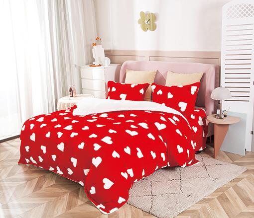 Lenjerie pat cocolino 2 persoane, 4 piese - rosie cu inimi albe