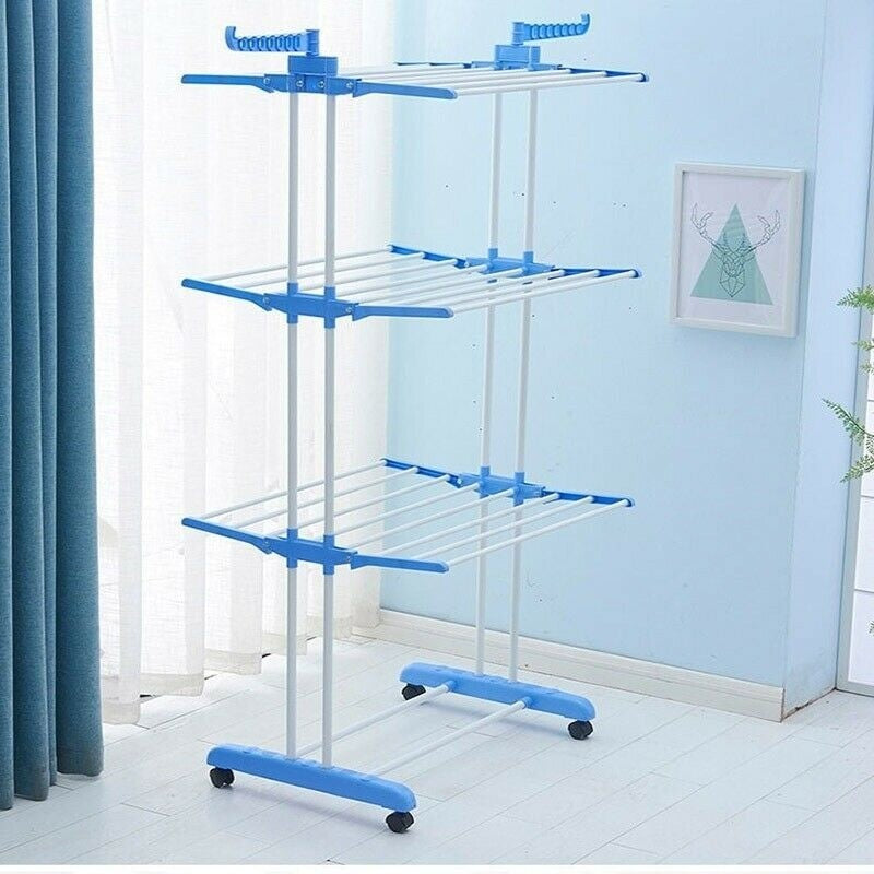 Uscator de Rufe Pliabil cu 3 Niveluri, 173 cm Inaltime, Cadru Metalic, Roti pentru Deplasare, Suport Umerase, Economisire Spatiu