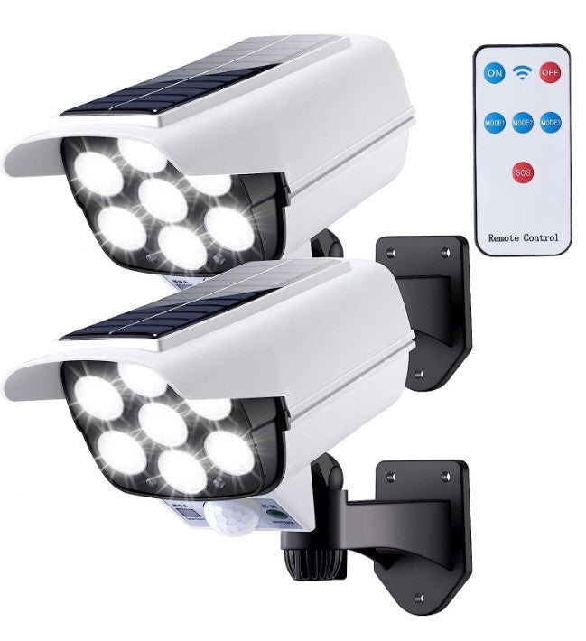 Set 2 x Camera Falsa cu Lampa Solara 77 LED, Senzor Miscare, Telecomanda, Efect Real de Supraveghere, Protectie Exterior