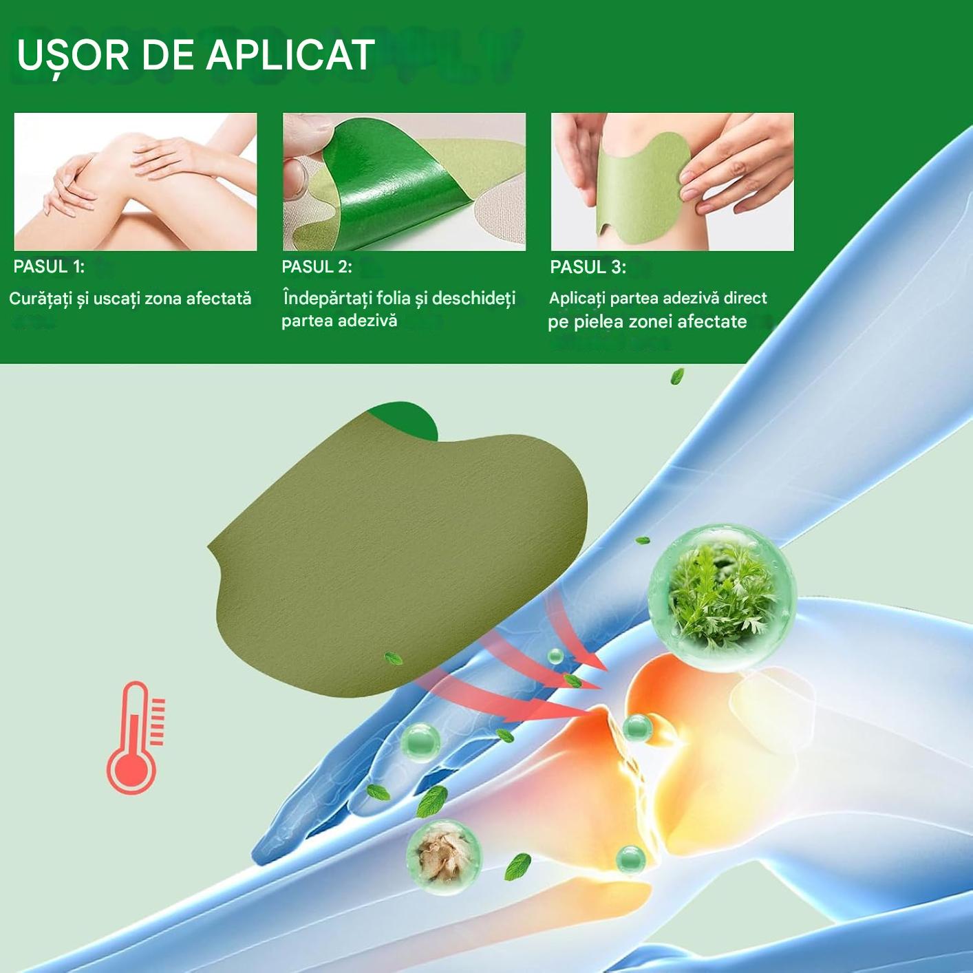 Set 100 Plasturi pentru Dureri de Genunchi, Efect Calmante, Formula Naturala, Anti Inflamator, Pentru Articulatii si Muschi, Actiune Pana la 12 Ore