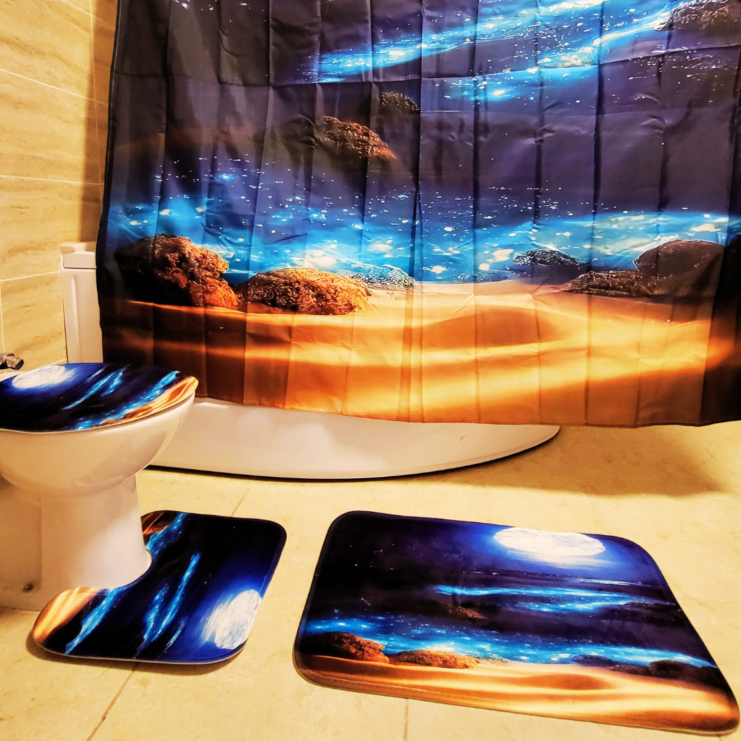 Set Pentru Baie: Perdea, Covorase Si Husa De Toaleta -  Blue Moon