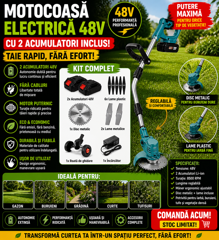 Motocoasa Electrica Profesionala cu 2 Acumulatori 48V – 13000 mAh, 20000 RPM – Masina Tuns Gazon, Disc Metalic, Lame, Accesorii Complete, pentru Gradina si Curte
