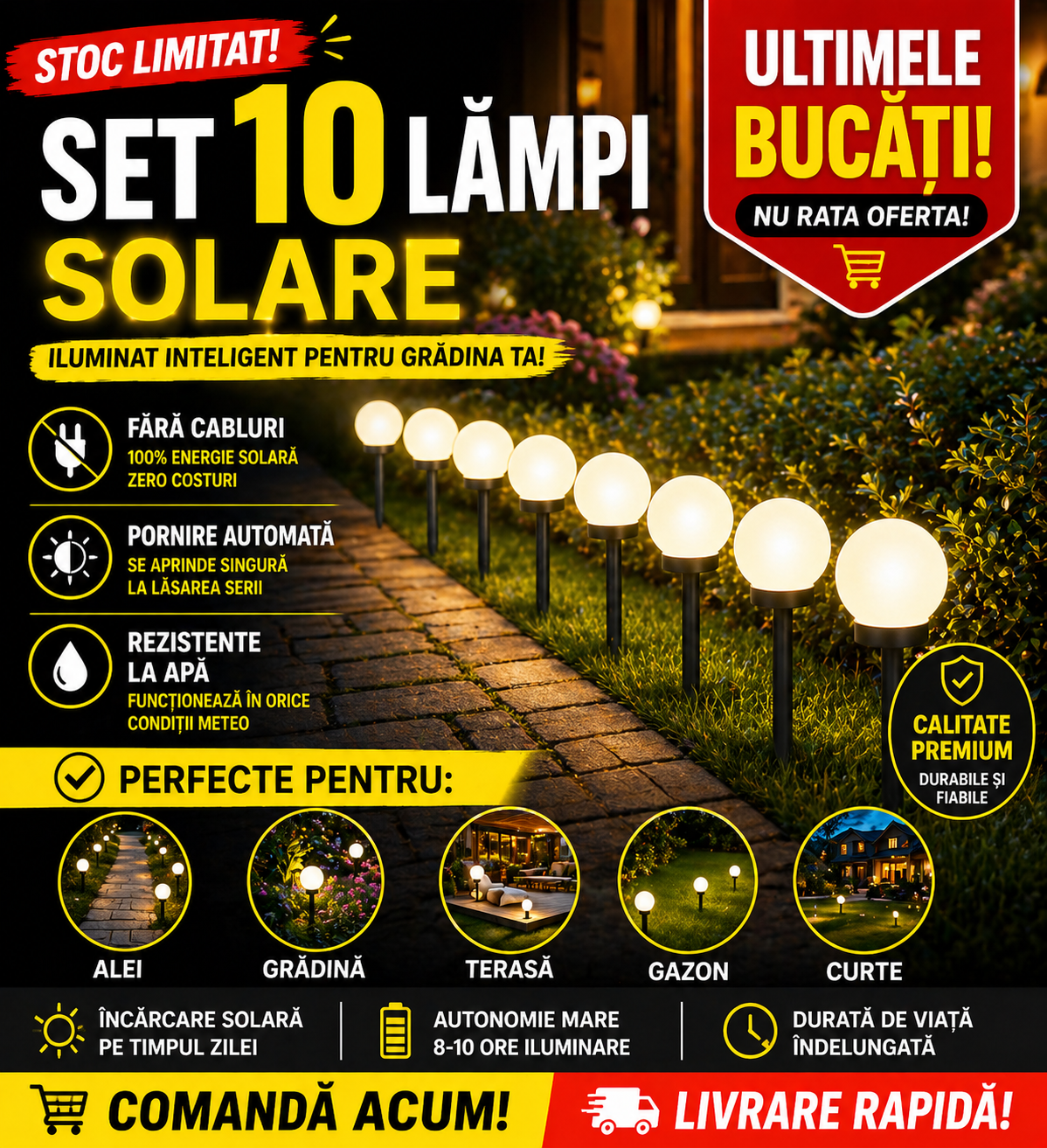Set 10 x Lampa Solara LED Gradina tip Glob – Iluminat Exterior Premium fara Cabluri, Rezistenta la Apa, Lumina Ambientala Automata