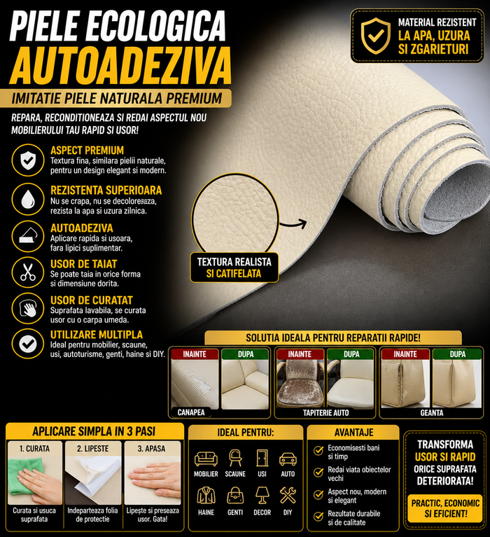 Piele Ecologica Autoadeziva Crem 75x250 cm, Imitatie Piele Naturala, Rezistenta la Apa si Uzura, Usor de Aplicat, pentru Canapea, Scaune, Haine si Reparatii