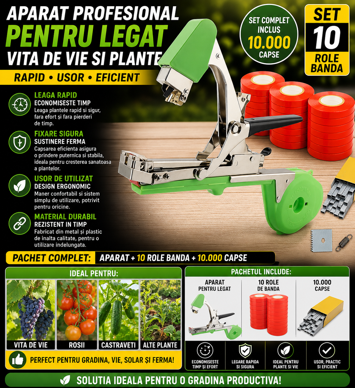 Aparat Profesional pentru Legat Vita de Vie cu 10 Role Banda si 10.000 Capse, Usor de Folosit, Rapid si Eficient pentru Gradina si Agricultura