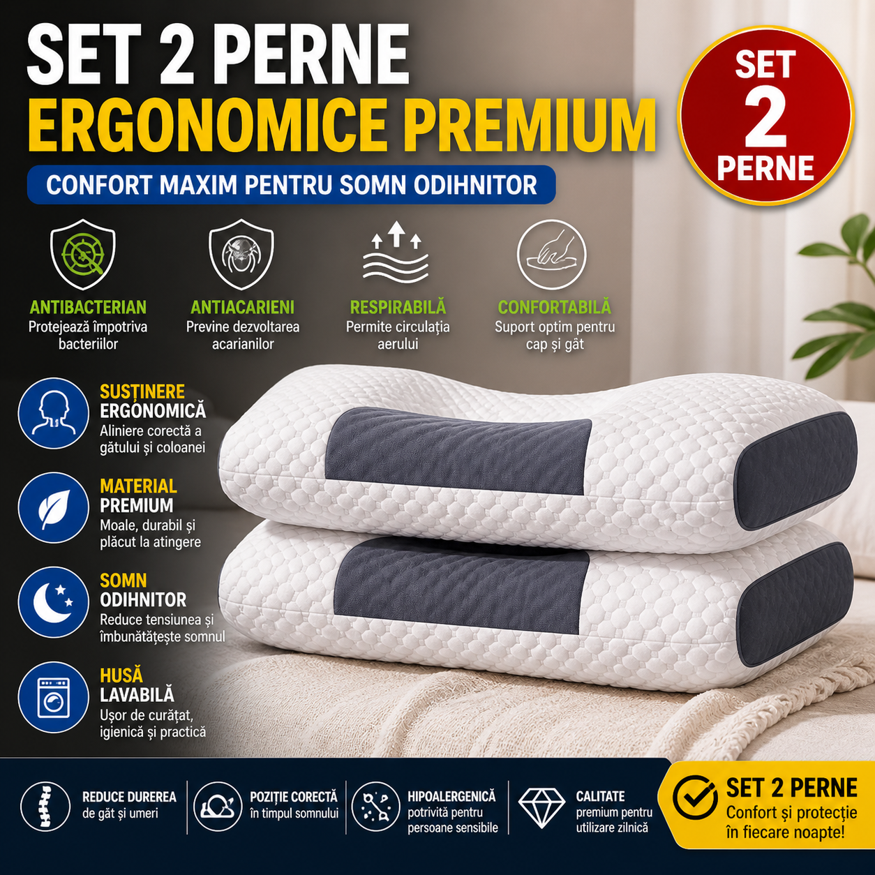 Set 2 x Perna Ergonomica Antialergica, Antibacteriana si Antiacarieni, Suport pentru Gat si Coloana, Confort Maxim pentru Somn Odihnitor