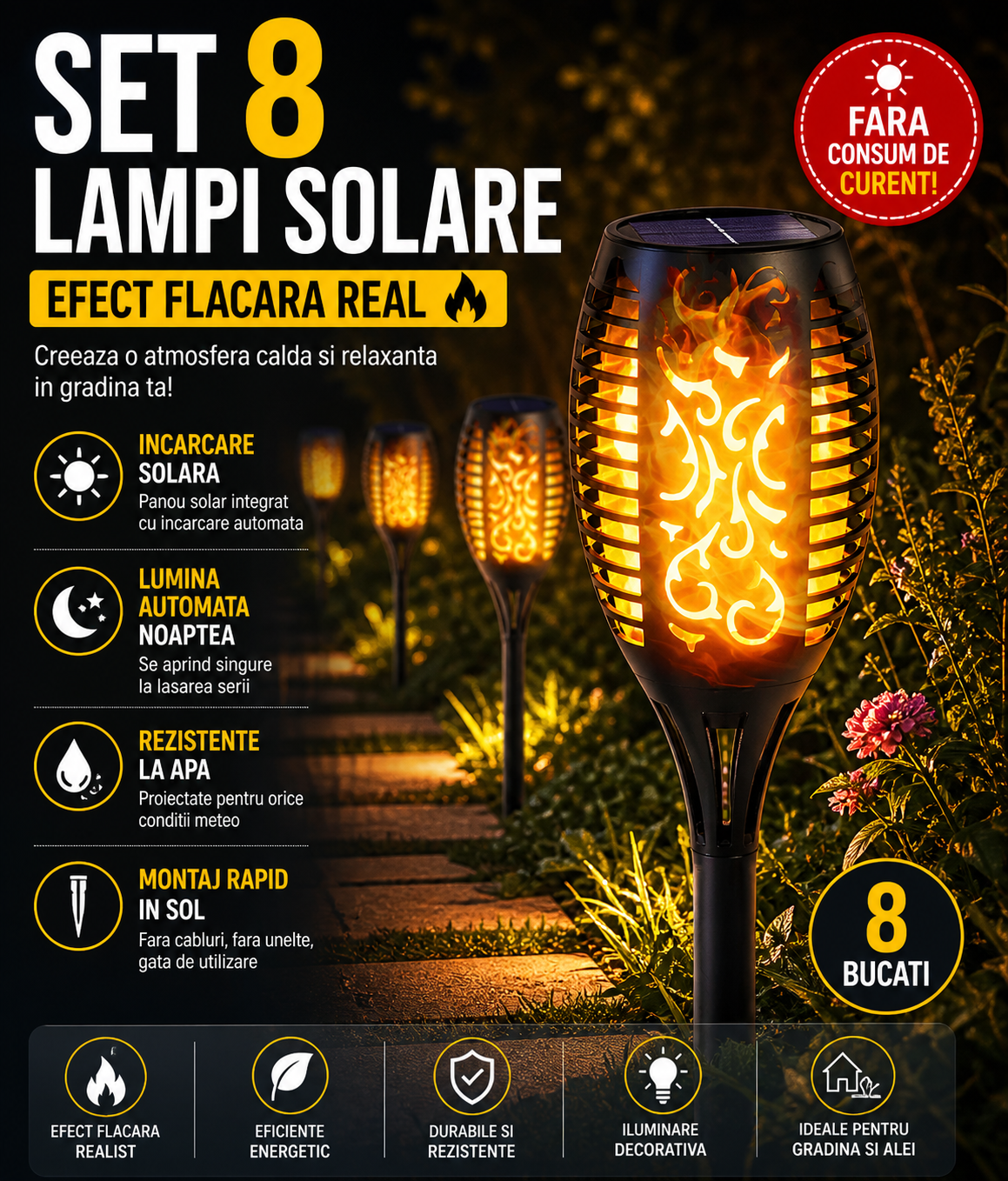 Set 8 x Lampa Solara Tip Torta cu Efect Flacara, Iluminare LED, Rezistente la Apa, Design Decorativ pentru Gradina si Alei