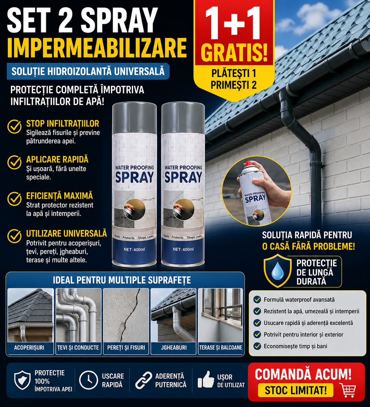 Set 2 x Spray de Etansare 400 ml – Solutie Hidroizolanta Universala, Spray Waterproof Acoperis, Tevi, Pereti, Protectie Impotriva Infiltratiilor