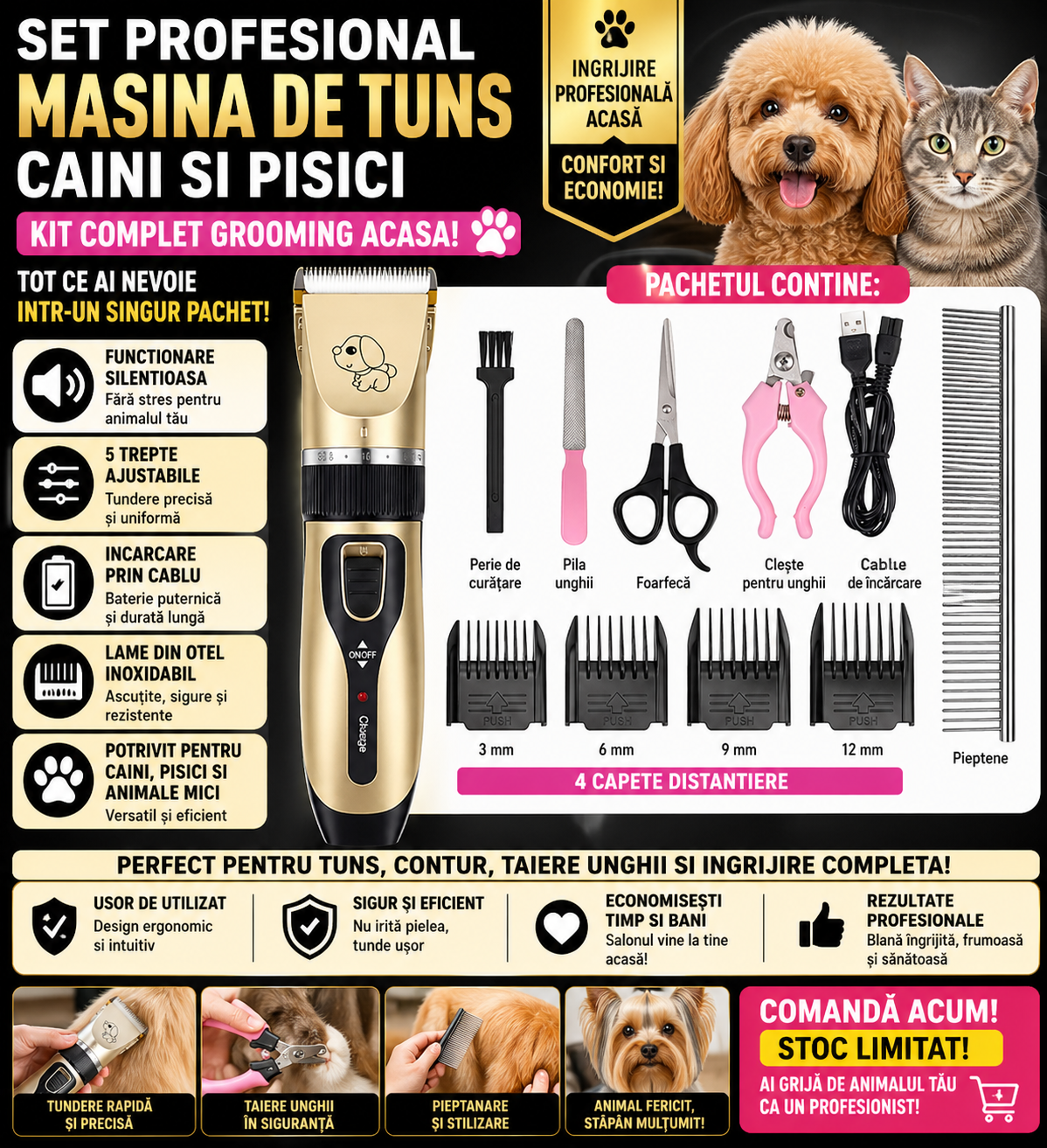 Set Profesional Masina de Tuns Caini si Pisici, 5 Trepte Ajustabile, Functionare Silentioasa, Incarcare USB, Kit Complet