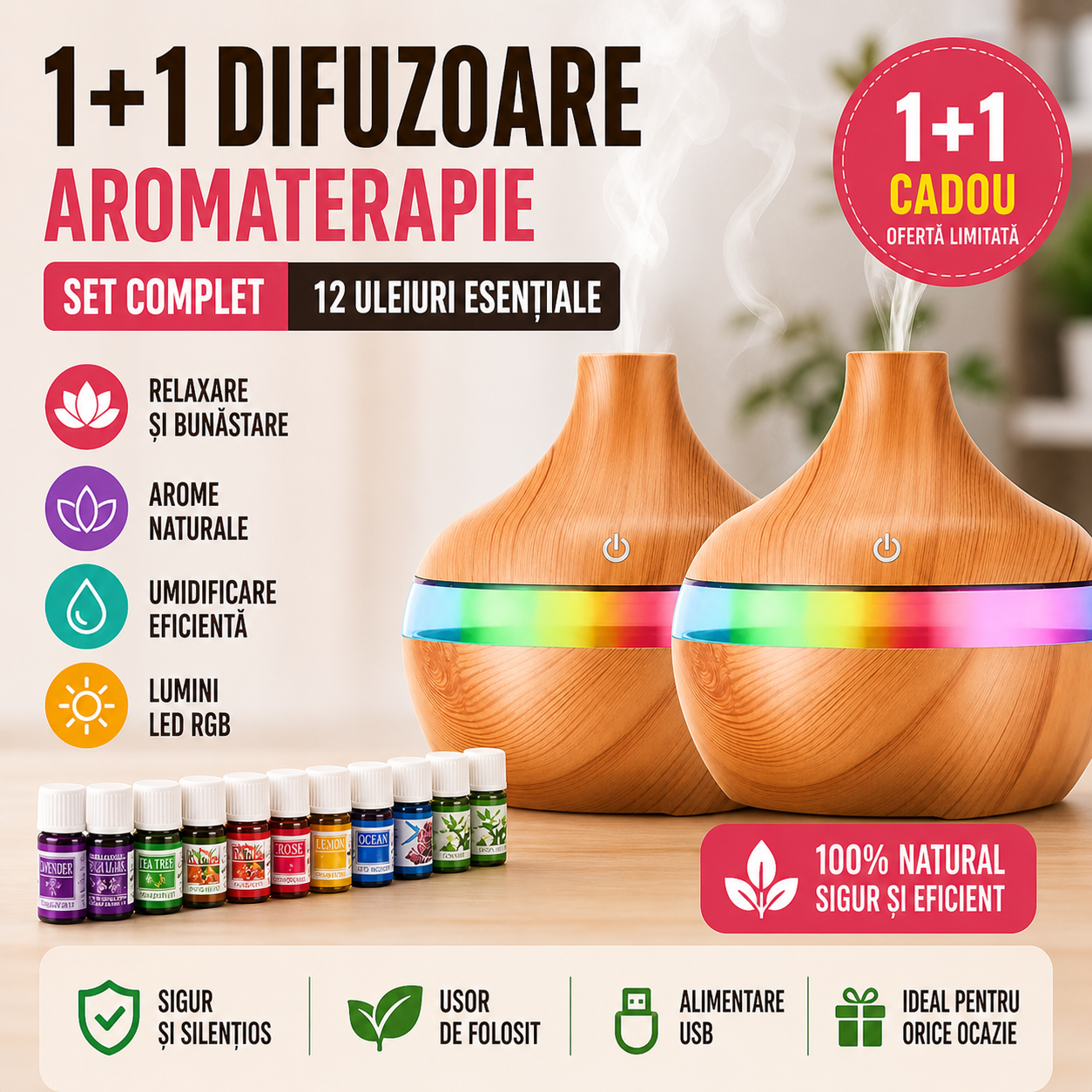 Set 1+1 Difuzor Aromaterapie cu 12 Uleiuri Esentiale, Umidificator LED RGB, Silentios