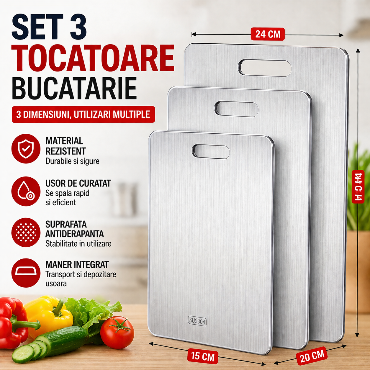 Set 3 x Tocator Bucatarie din Plastic – Antiderapant cu Maner, 3 Dimensiuni, Rezistente si Usor de Curatat