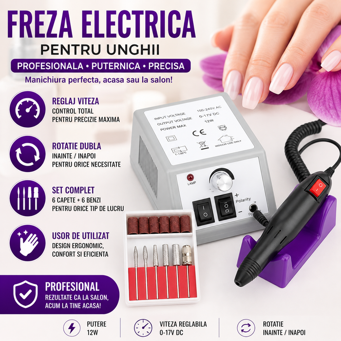 Freza electrica unghii profesionala Sina Mercedes 2000, Reglaj Viteza, Sens Rotatie, Set Capete Slefuire, Kit Complet pentru Manichiura si Pedichiura