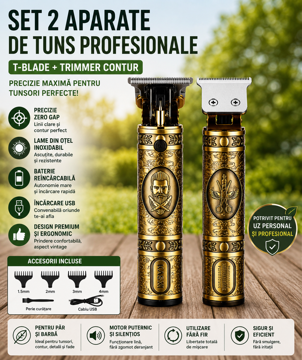 Set 2 x Aparat de Tuns Profesional USB, T-Blade Zero Gap, Design Vintage, Trimmer Barba si Par, Kit Complet pentru Barba si Par