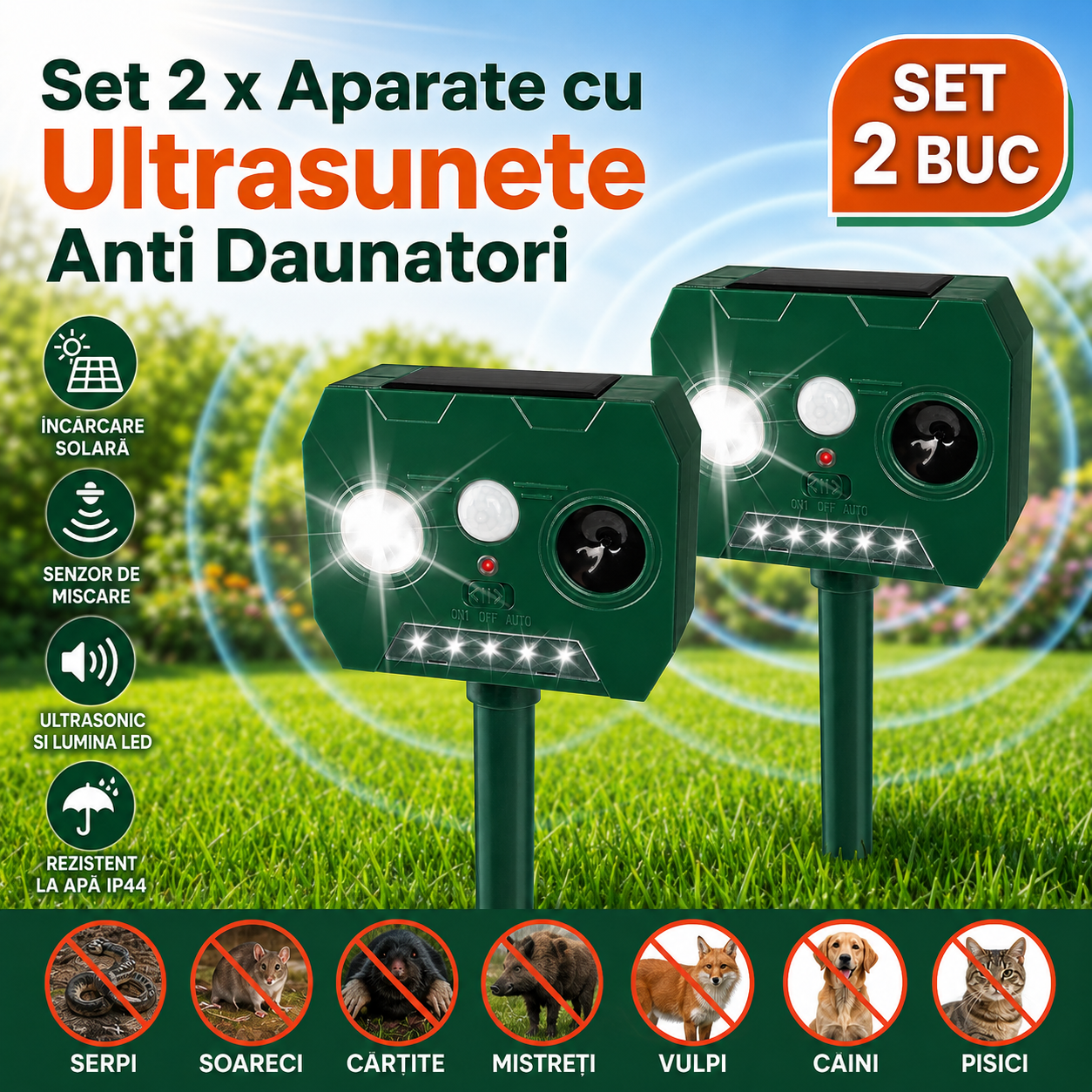 Set 2 x Aparat Solar cu Ultrasunete Anti Animale si Pasari, Senzor PIR, LED Stroboscopic, IP44, 2 Moduri, Montaj Exterior, Verde