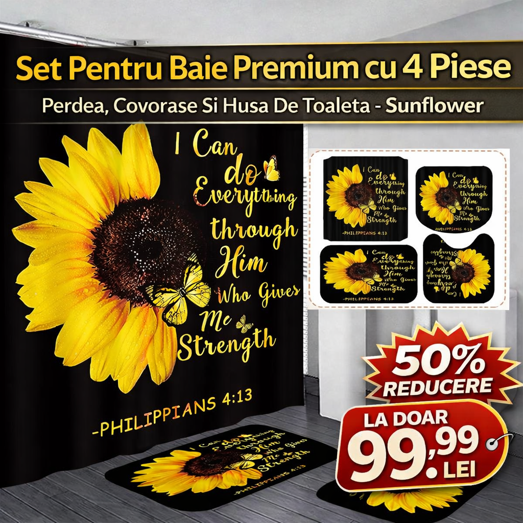 Set Pentru Baie: Perdea, Covorase Si Husa De Toaleta - Sunflower
