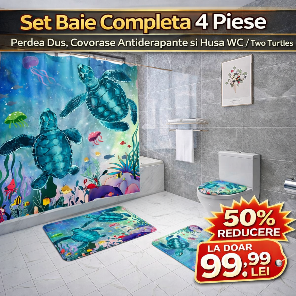 Set Pentru Baie: Perdea, Covorase Si Husa De Toaleta - Two Turtles
