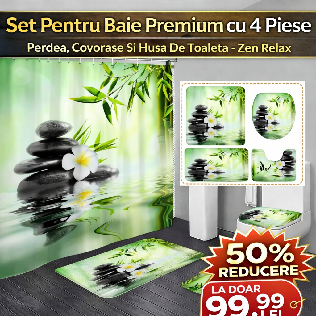 Set Pentru Baie: Perdea, Covorase Si Husa De Toaleta - Zen Relax