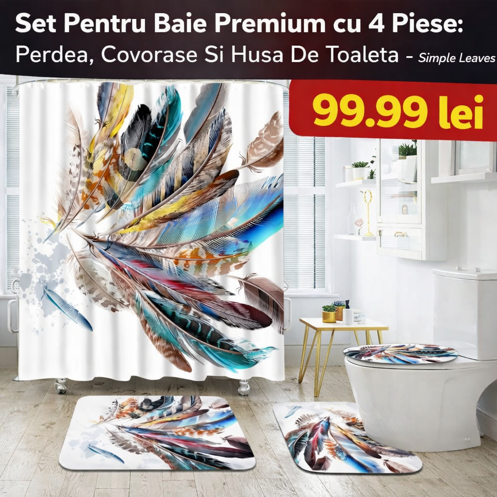 Set Pentru Baie: Perdea, Covorase Si Husa De Toaleta - Simple Leaves