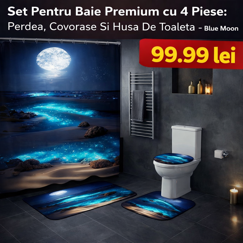 Set Pentru Baie: Perdea, Covorase Si Husa De Toaleta -  Blue Moon