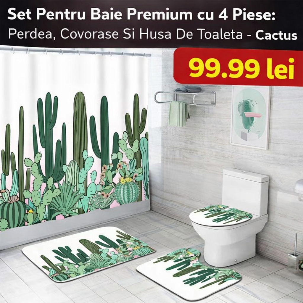 Set Pentru Baie: Perdea, Covorase Si Husa De Toaleta - Cactus Plant