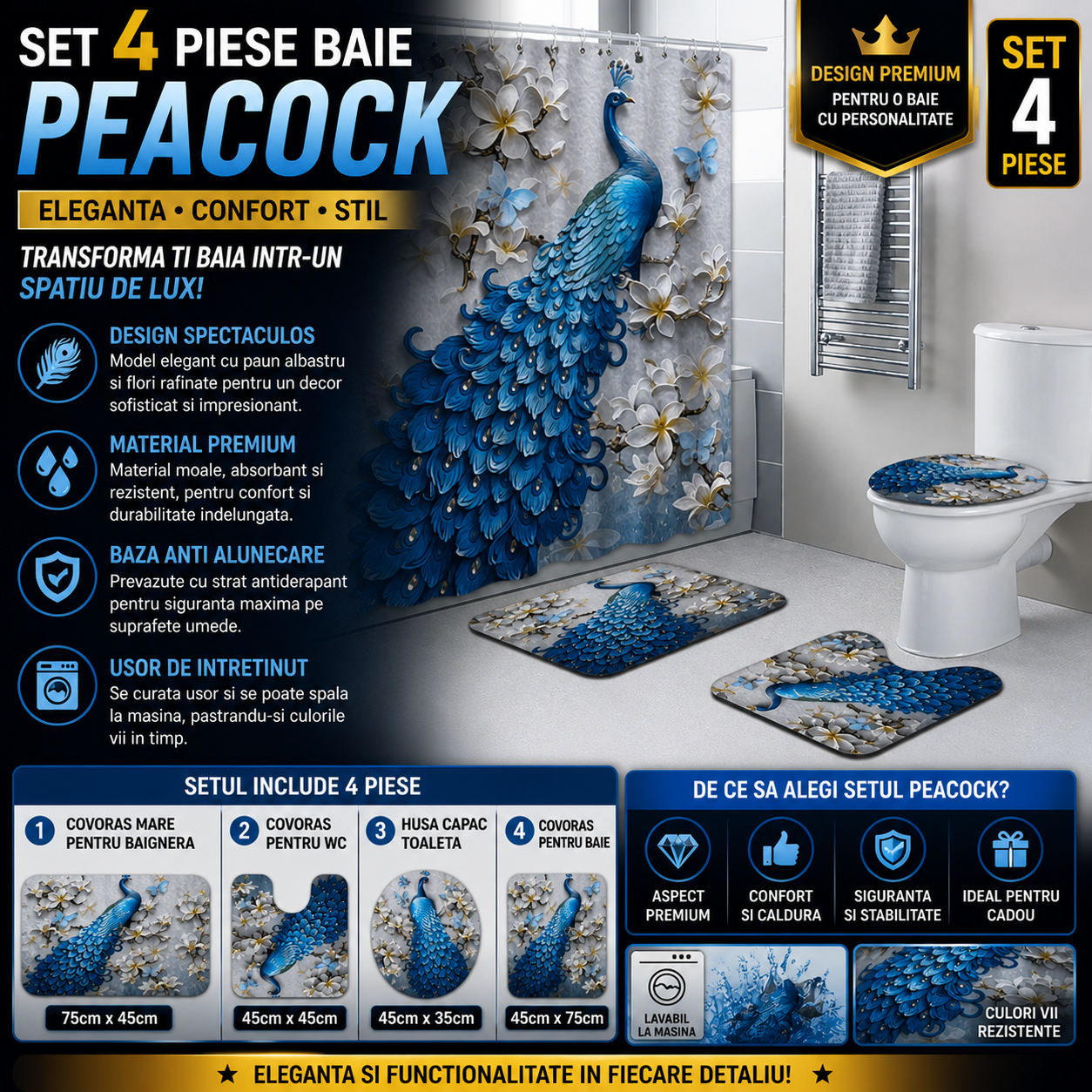 Set Pentru Baie: Perdea, Covorase Si Husa De Toaleta - Peacock