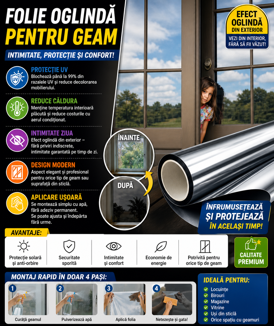Set 2 x Folie Oglinda pentru Geam Gri, Efect Reflectorizant, Protectie UV, Anti Caldura si Intimitate, 45 x 300 cm