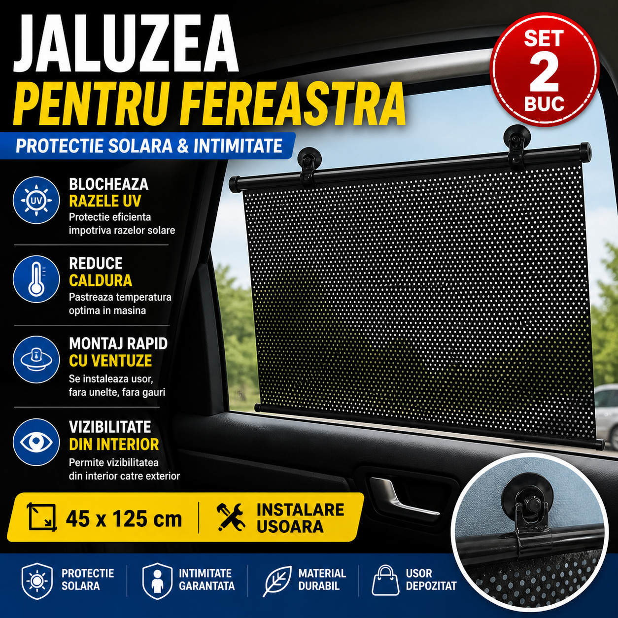 Set 2 x Jaluzea cu Ventuza 45 x 125 cm, Protectie UV, Anti Caldura si Intimitate, Montaj Rapid fara Gauri