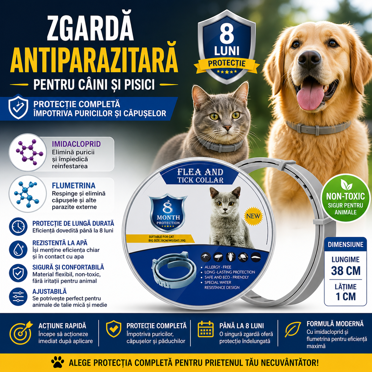 Zgarda Antiparazitara pentru Caini si Pisici, Protectie 8 Luni, Impotriva Puricilor si Capuselor, Reglabila 38 cm, Rezistenta la Apa