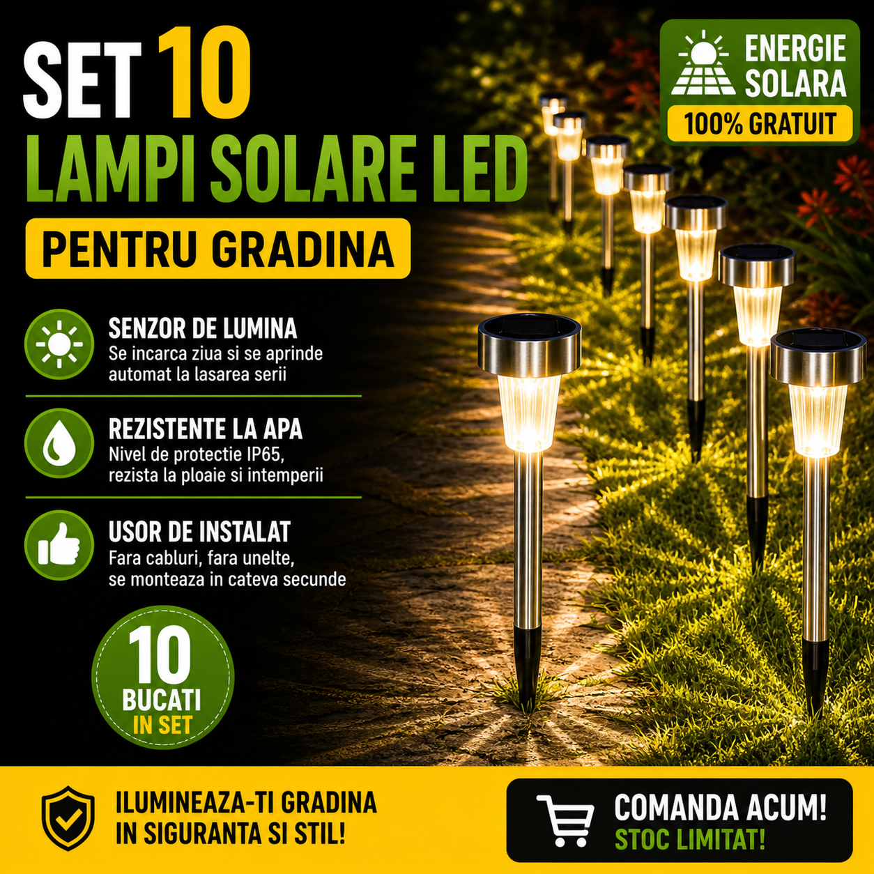Set 10 x lampa solara LED gradina tip Tarus– iluminat Exterior Solar, Rezistenta la Apa, Lumina Automata, Decor Curte, Gazon, Terasa