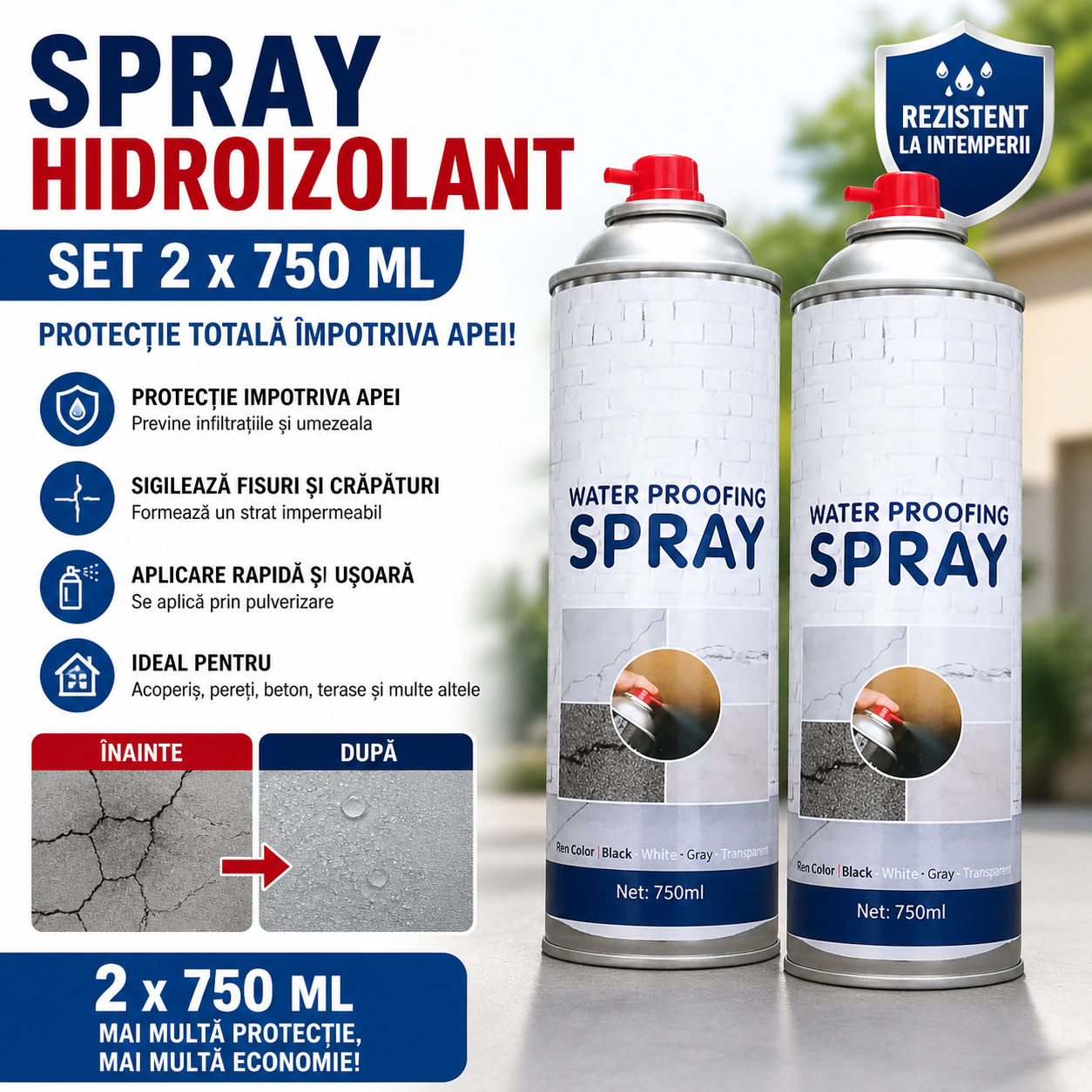 Set 2 x Spray de Etansare 750ml – Solutie Hidroizolanta Universala, Spray Waterproof Acoperis, Tevi, Pereti, Protectie Impotriva Infiltratiilor